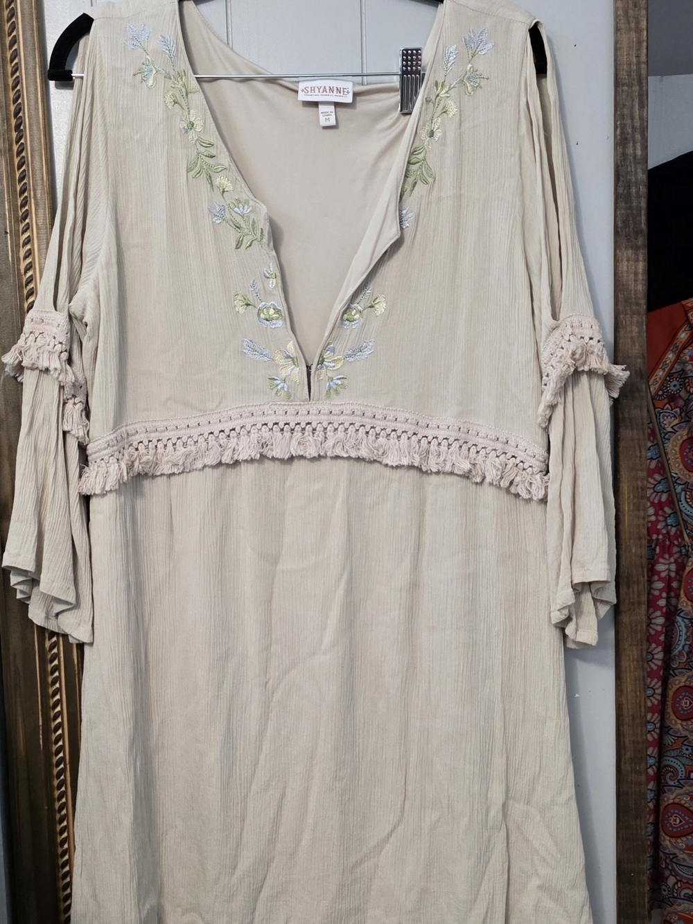 Shyanne Neutral Beige Embroidered Tassel Boho Dress